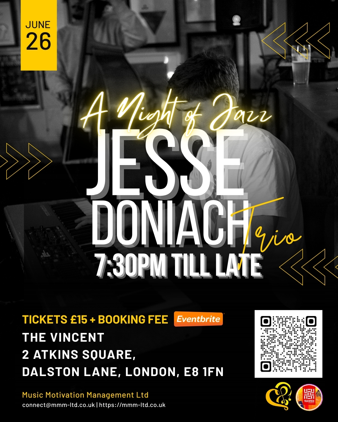 Come join us for a night of Jazz with Jesse Doniach!
Experience an unforgettable evening of live jazz. Dont miss out!
Buy tickets through Eventbrite. #Jazz #JesseDoniach #mmm-ltd #Thevincenthackney #26june25