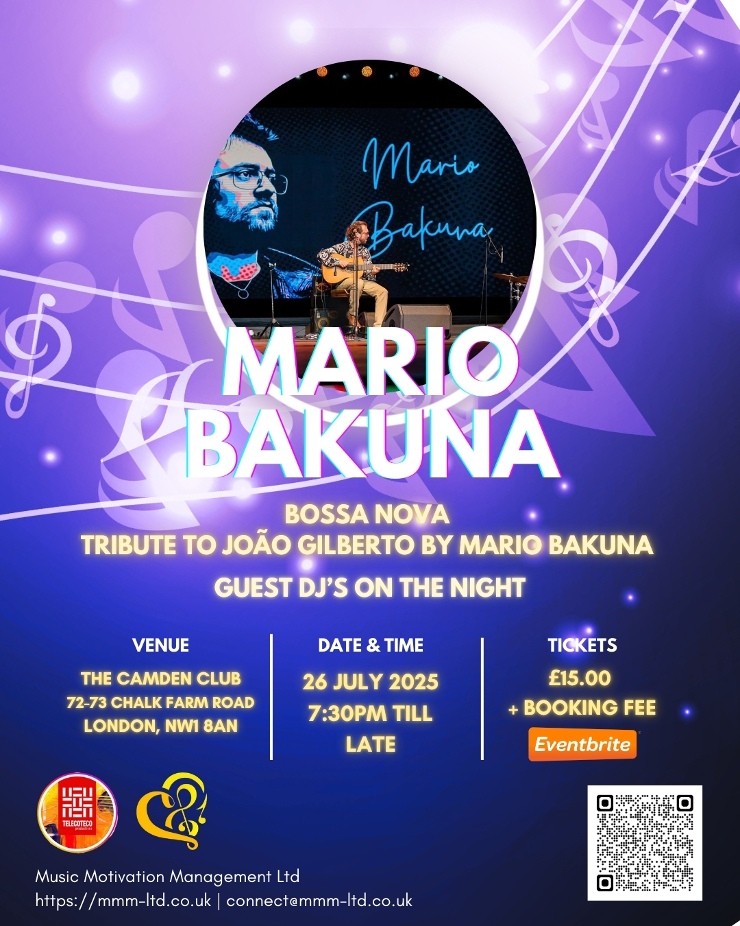 Experience the magic of Brazil! Join us for an unforgettable night of Bossa Nova rythms with the incredible Mario Bakuna, live in concert at The Camden Club. Guest Djs will keep the vibe alive before and after the show.
Dont miss your chance to be part of this vibrant evening!
#Jazz #BossaNova #MarioBakuna #LiveMusic #BrazilianJazz #DJNight #DontMissOut