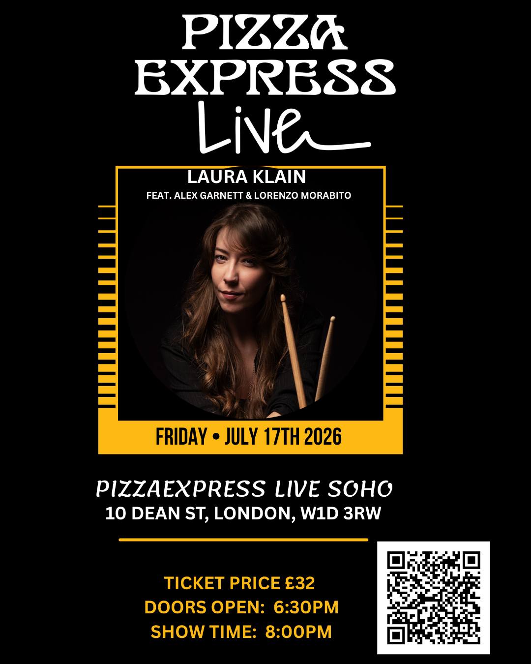 Laura Klain, feat. Alex Garnett & Lorenzo Morabito will take the stage at PizzaExpress Live in Soho. 🎶

From the convergence of three musicians with rich artistic journeys, a musical project of exchange and research was born, featuring original compositions and arrangements alongside magnificent pieces from the jazz tradition both standards and originals.

Event Details

Doors open: 6:30pm, Event start: 8:00pm

Make sure you secure your spot, Tickets are available now! 

Get your tickets here:
https://www.pizzaexpresslive.com/whats-on/choose-seats/laura-klain-trio/1791608